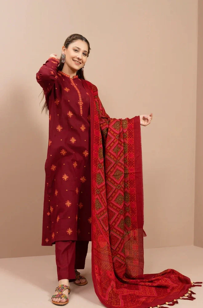 Kayseria - 3PC Dhanak Embroidered Shirt With Twill Printed Dupatta and Trouser - BFB0891