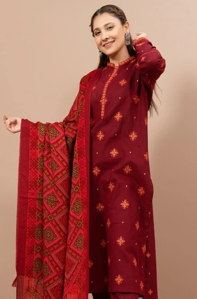 Kayseria - 3PC Dhanak Embroidered Shirt With Twill Printed Dupatta and Trouser - BFB0891 - Image 3