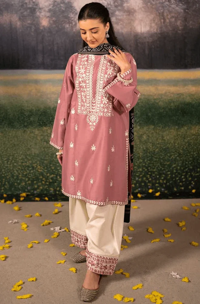 Urge - 3PC Dhanak Embroidered Shirt with Wool Printed Dupatta and Trouser - BFB0488 - Image 7