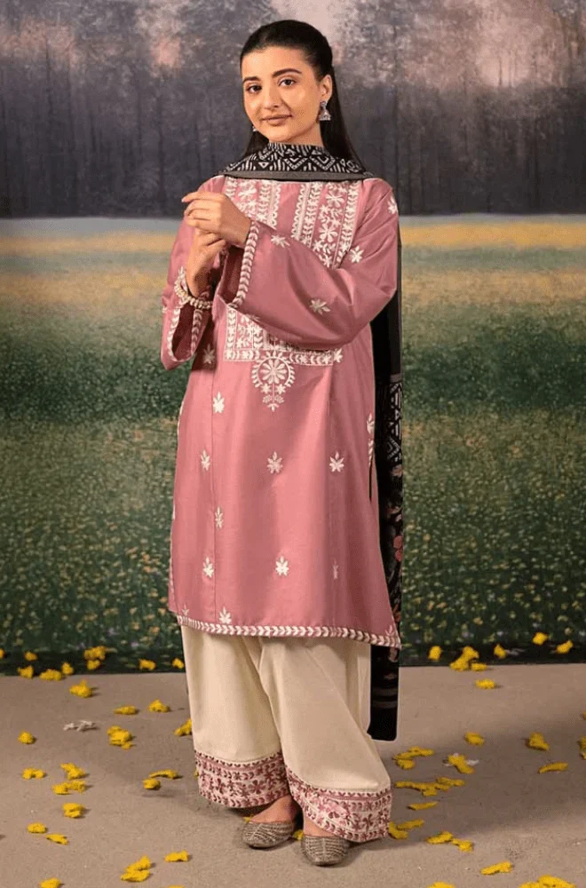 Urge - 3PC Dhanak Embroidered Shirt with Wool Printed Dupatta and Trouser - BFB0488 - Image 9