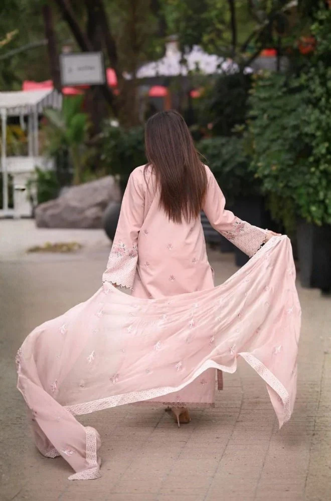 LIBAAS - 3PC Summer Lawn Embroidered Shirt with Chiffon Embroidered Dupatta and Trouser - BFB0784 - Image 3