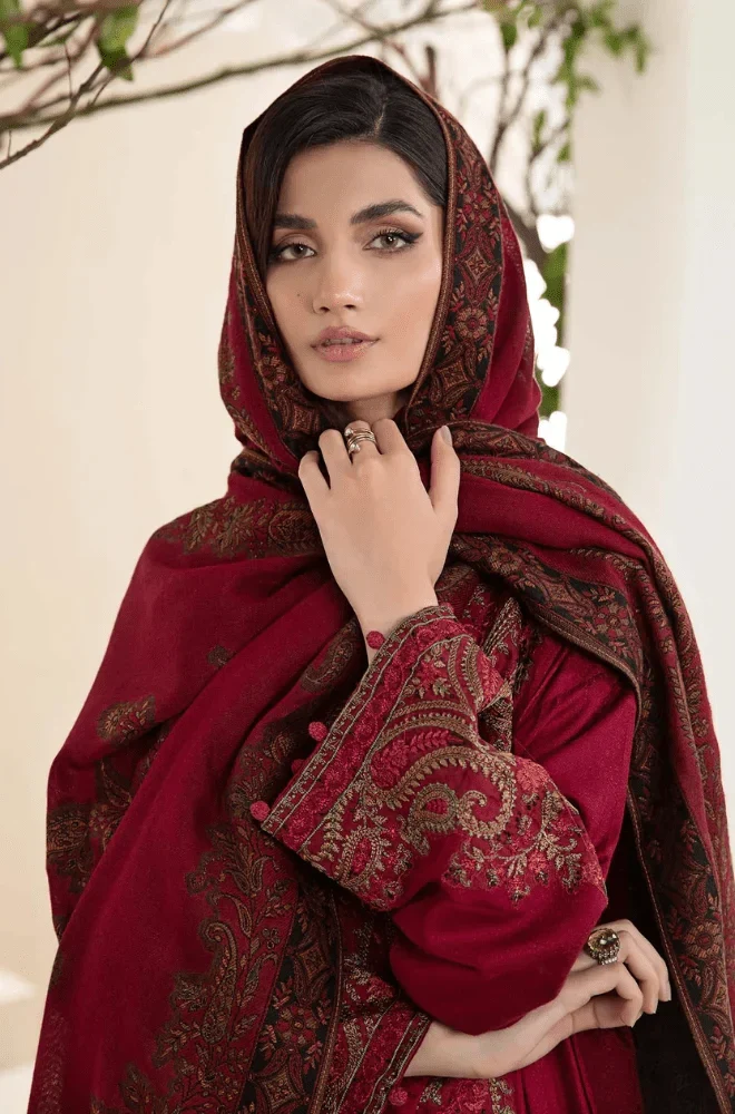Maria.B 3PC Dhanak Embroidered Shirt with Wool Printed Dupatta and Trouser - BFB0217 - Image 3