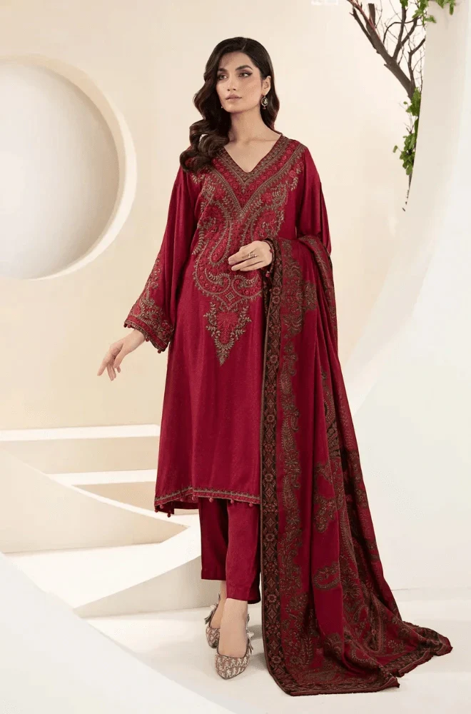 Maria.B 3PC Dhanak Embroidered Shirt with Wool Printed Dupatta and Trouser - BFB0217 - Image 4
