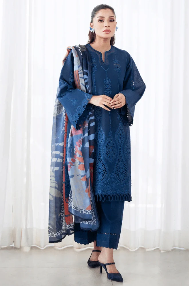 Maria.B 3PC Dhanak Embroidered Shirt with Wool Printed Dupatta and Trouser - BFB0472