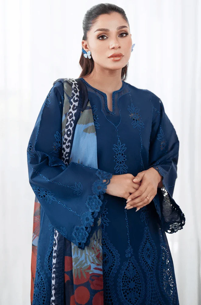 Maria.B 3PC Dhanak Embroidered Shirt with Wool Printed Dupatta and Trouser - BFB0472 - Image 3