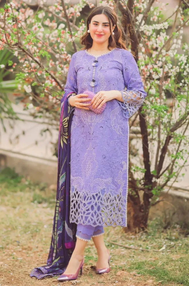 Mushq - 3PC Dhanak Embroidered Shirt with Twill Printed Dupatta and Trouser - BFB0892