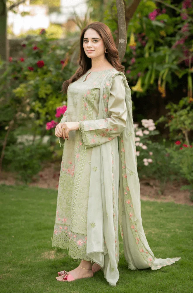 MUSHQ -3PC Lawn Chikankari Embroidered Shirt with Chiffon Embroidered Dupatta and Trouser - BFU0132 - Image 2