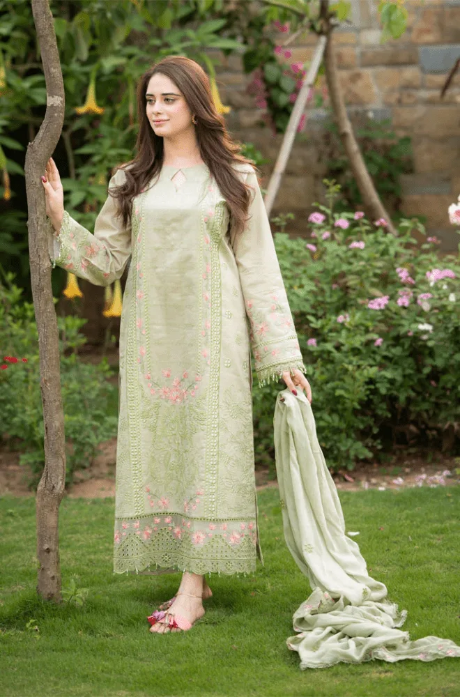 MUSHQ -3PC Lawn Chikankari Embroidered Shirt with Chiffon Embroidered Dupatta and Trouser - BFU0132 - Image 4
