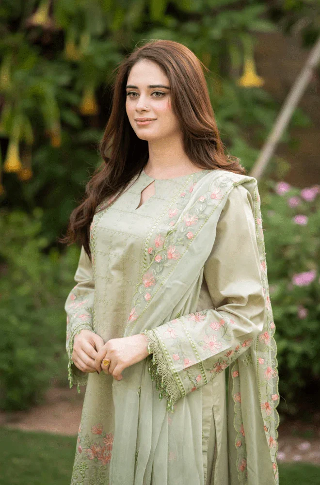 MUSHQ -3PC Lawn Chikankari Embroidered Shirt with Chiffon Embroidered Dupatta and Trouser - BFU0132 - Image 5