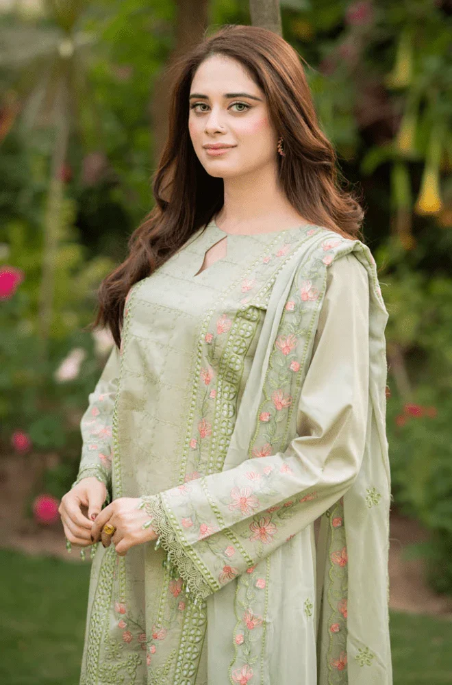 MUSHQ -3PC Lawn Chikankari Embroidered Shirt with Chiffon Embroidered Dupatta and Trouser - BFU0132 - Image 6