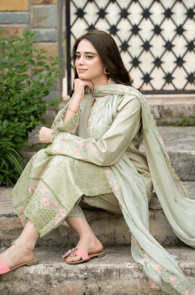 MUSHQ -3PC Lawn Chikankari Embroidered Shirt with Chiffon Embroidered Dupatta and Trouser - BFU0132 - Image 7