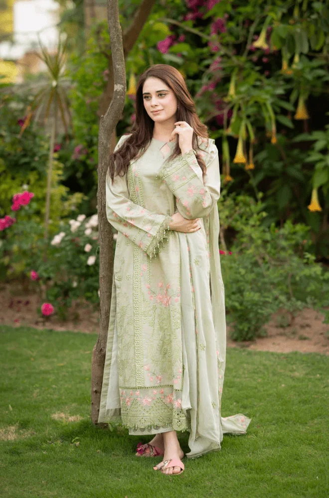 MUSHQ -3PC Lawn Chikankari Embroidered Shirt with Chiffon Embroidered Dupatta and Trouser - BFU0132 - Image 8