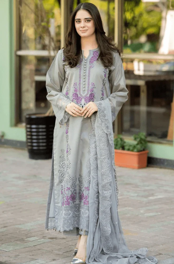 MUSHQ - 3PC Lawn Chikankari Embroidered Shirt with Chiffon Embroidered Dupatta and Trouser- BFB02890