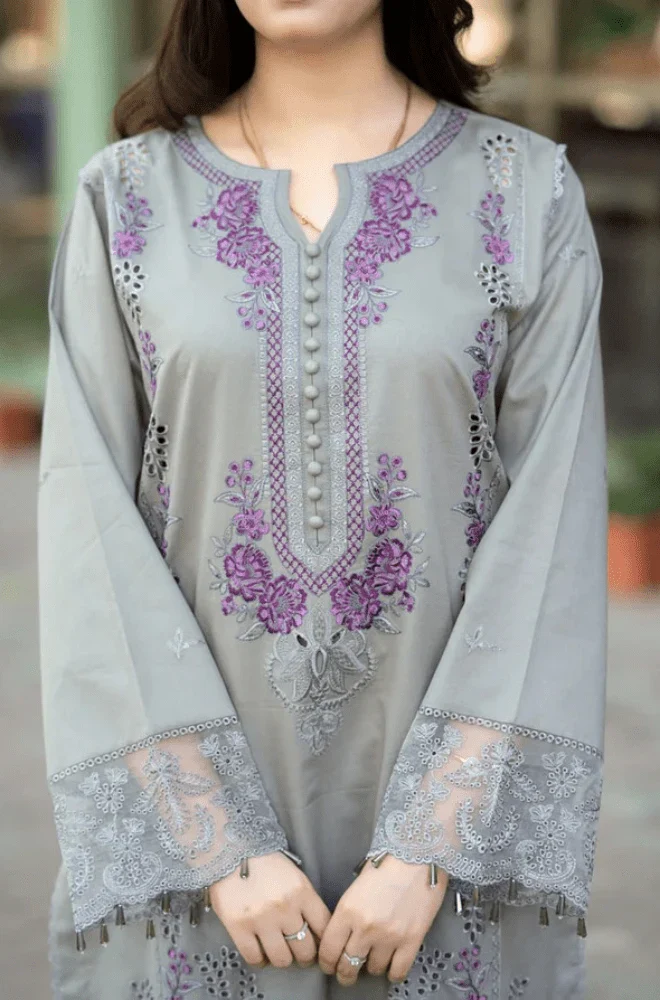 MUSHQ - 3PC Lawn Chikankari Embroidered Shirt with Chiffon Embroidered Dupatta and Trouser- BFB02890 - Image 3
