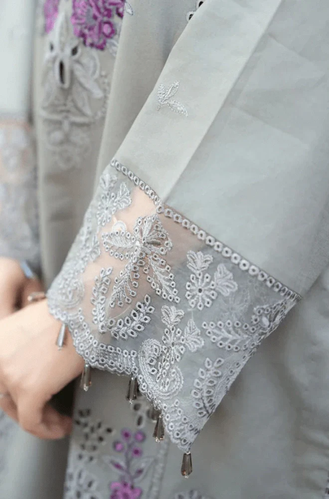 MUSHQ - 3PC Lawn Chikankari Embroidered Shirt with Chiffon Embroidered Dupatta and Trouser- BFB02890 - Image 4