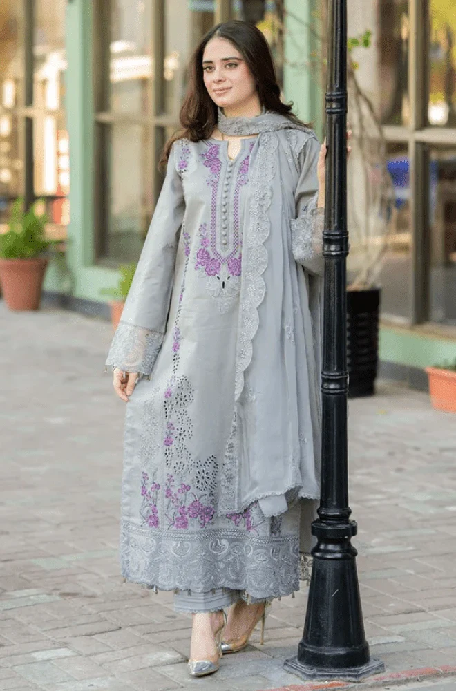 MUSHQ - 3PC Lawn Chikankari Embroidered Shirt with Chiffon Embroidered Dupatta and Trouser- BFB02890 - Image 5