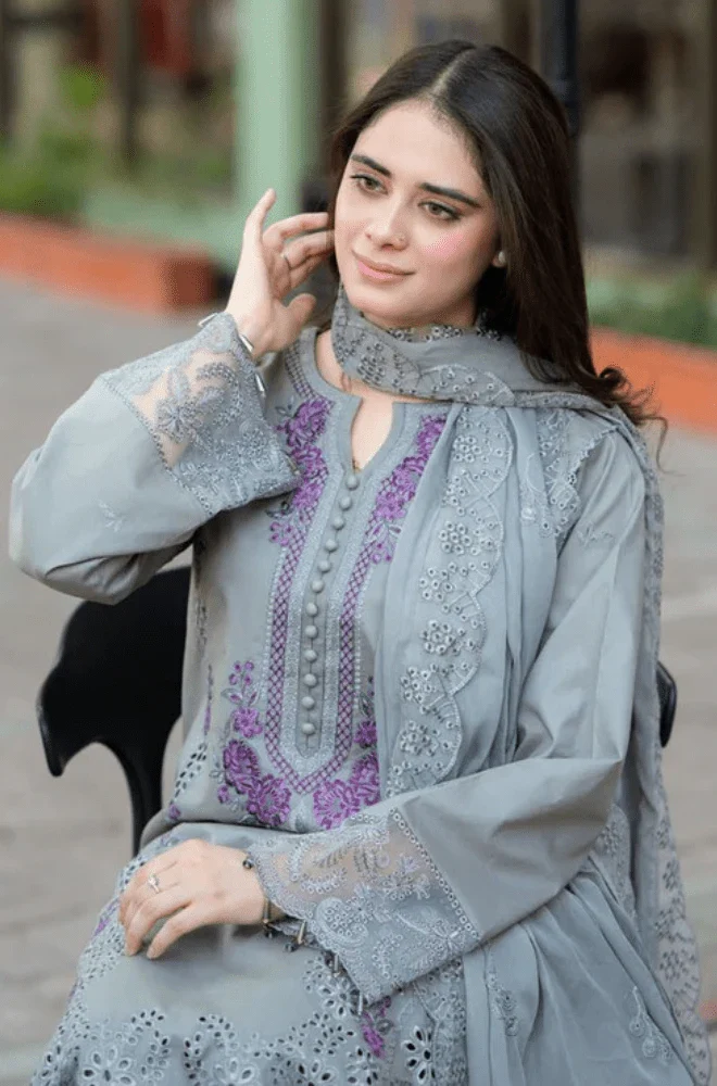 MUSHQ - 3PC Lawn Chikankari Embroidered Shirt with Chiffon Embroidered Dupatta and Trouser- BFB02890 - Image 7