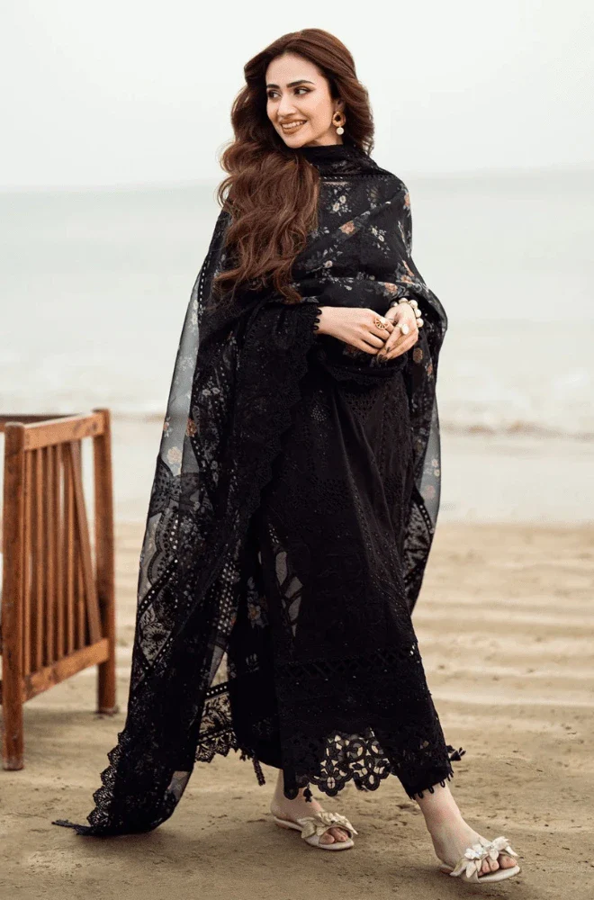 NUREH - 3PC Lawn Chikankari Embroidered Shirt with Monar Printed Dupatta and Trouser - BFU01120 - Image 3