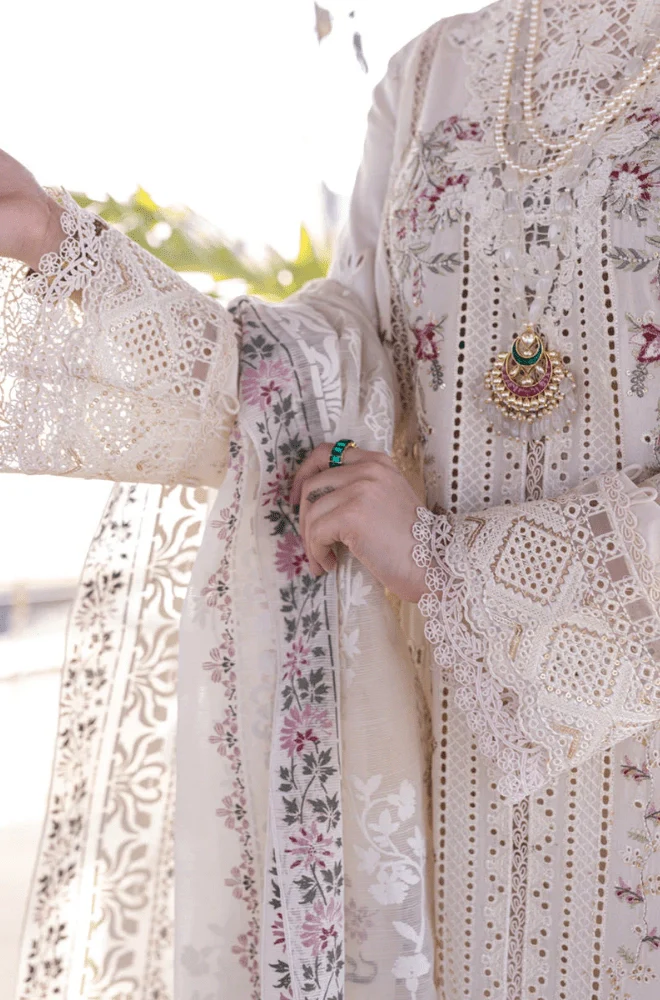 QALAMKAR - 3PC Lawn Chikankari Embroidered Shirt with Khadi Net Embroidered Dupatta and Trouser - BFB0234 - Image 3