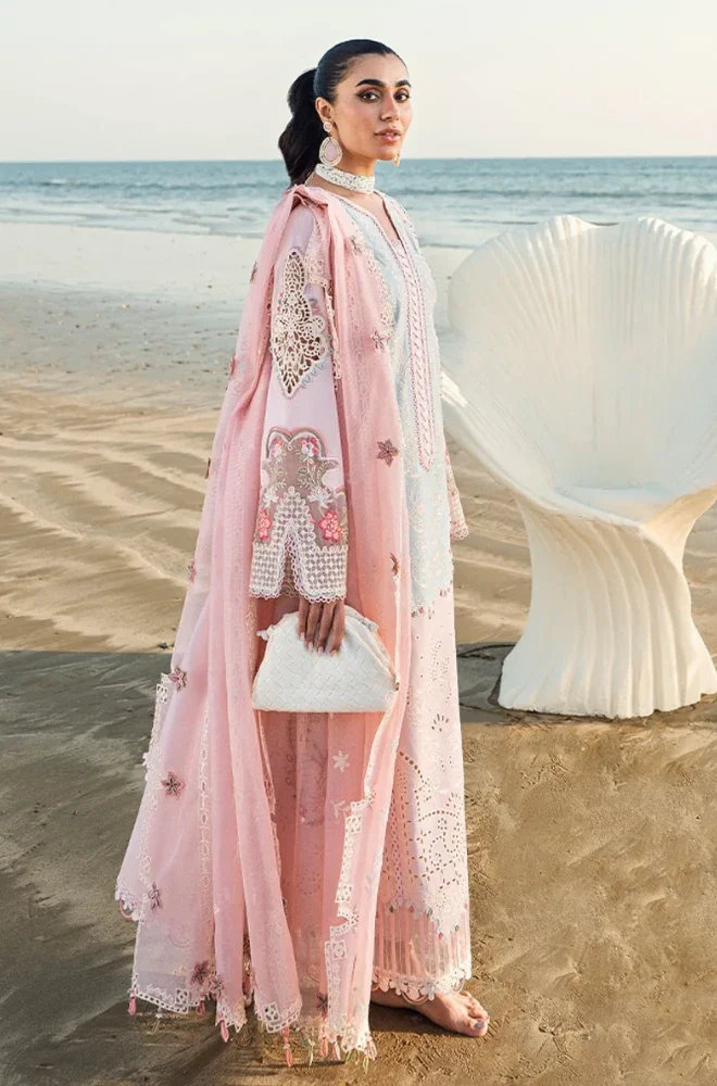 QALAMKAR - 3PC Lawn Chikankari Embroidered Shirt with Chiffon Embroidered Dupatta and Trouser- BFB0650 - Image 2