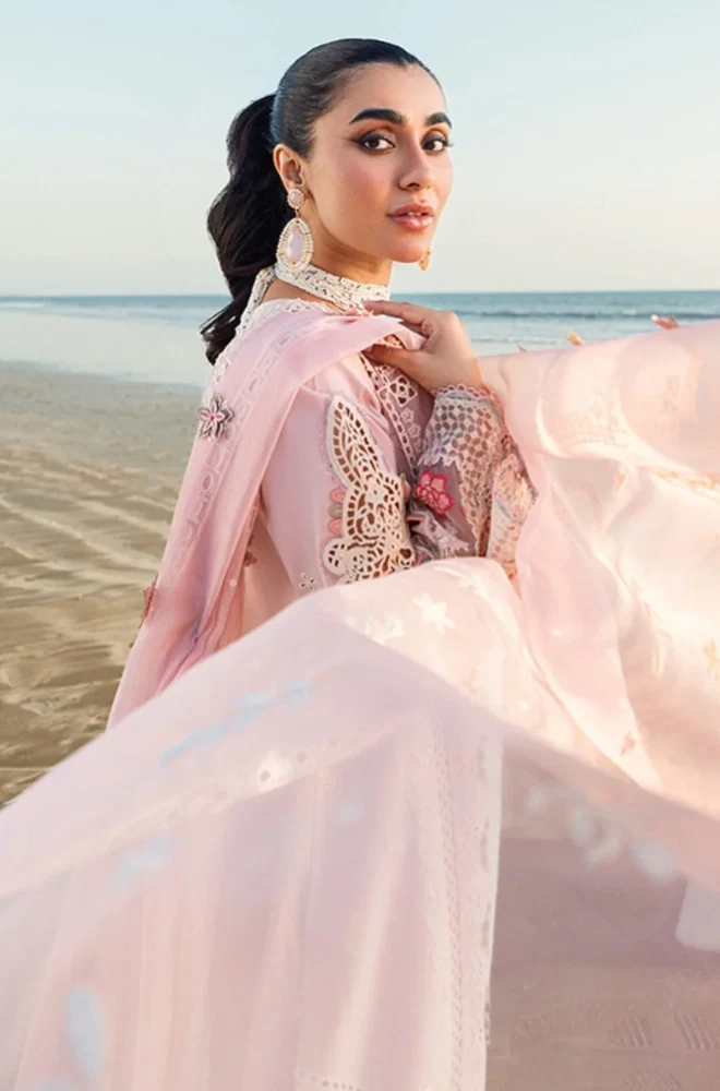 QALAMKAR - 3PC Lawn Chikankari Embroidered Shirt with Chiffon Embroidered Dupatta and Trouser- BFB0650 - Image 3