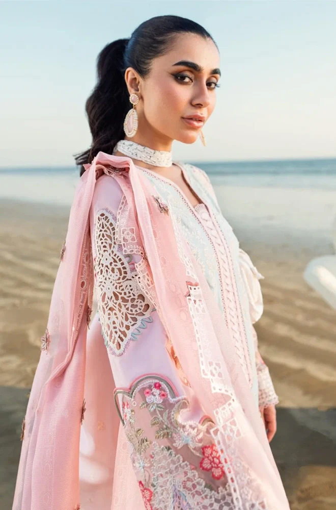 QALAMKAR - 3PC Lawn Chikankari Embroidered Shirt with Chiffon Embroidered Dupatta and Trouser- BFB0650 - Image 4