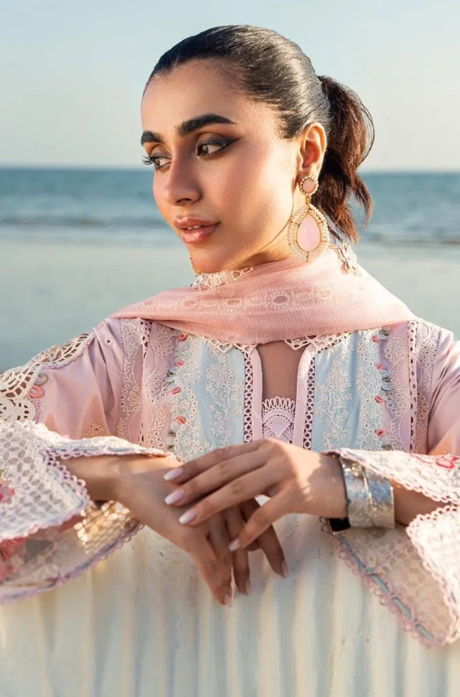 QALAMKAR - 3PC Lawn Chikankari Embroidered Shirt with Chiffon Embroidered Dupatta and Trouser- BFB0650 - Image 5