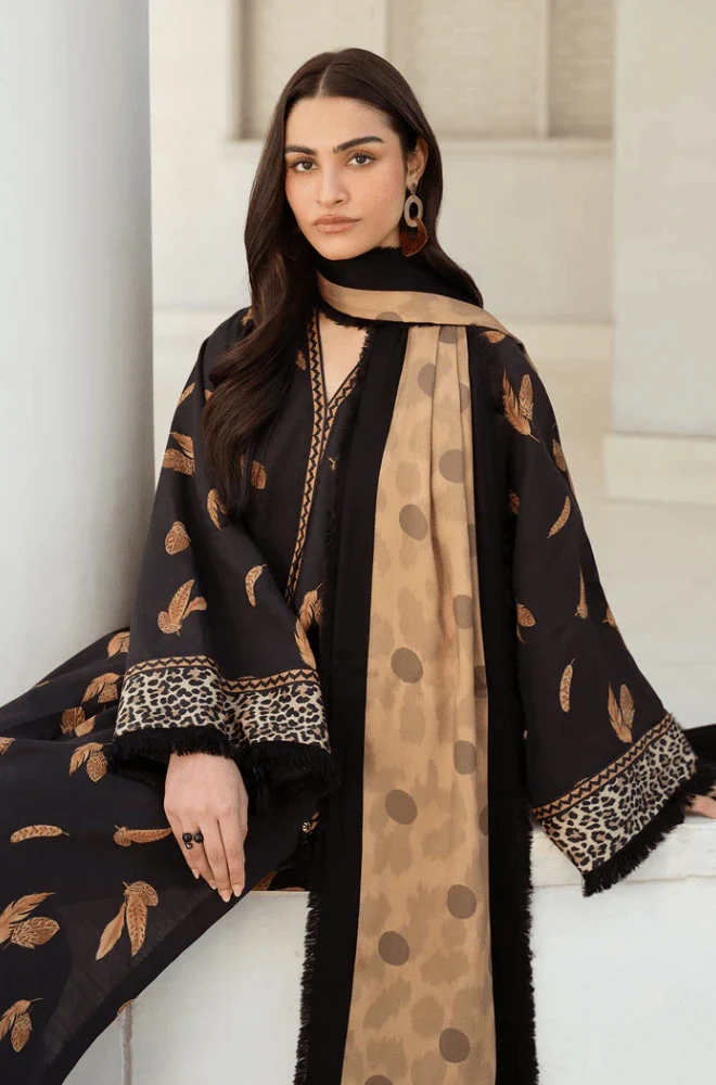 Stitched 3PC Khaddar Embroidered Shirt with Khaddar Printed Dupatta and Trouser – RTW014 - Image 4