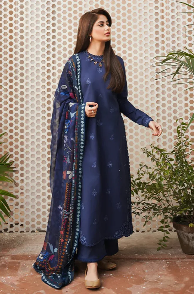 Seran - 3PC Dhanak Embroidered Shirt With Twill Printed Dupatta and Trouser - BFB0899