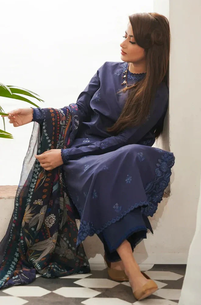 Seran - 3PC Dhanak Embroidered Shirt With Twill Printed Dupatta and Trouser - BFB0899 - Image 4