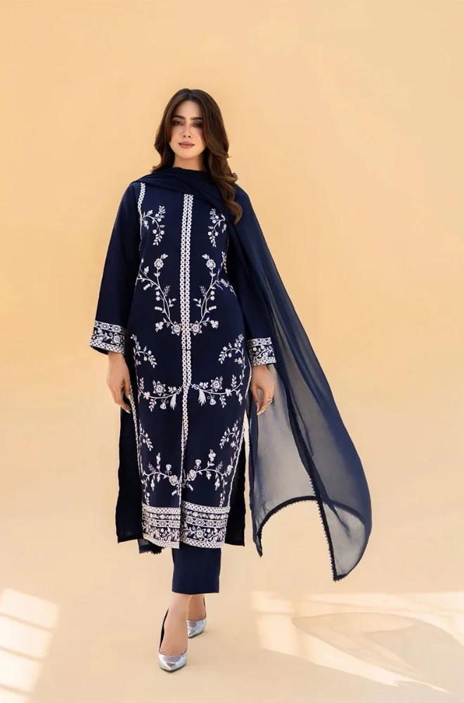 Seran - 3PC Dhanak Embroidered Shirt With Chiffon Dupatta and Trouser - BFB0900