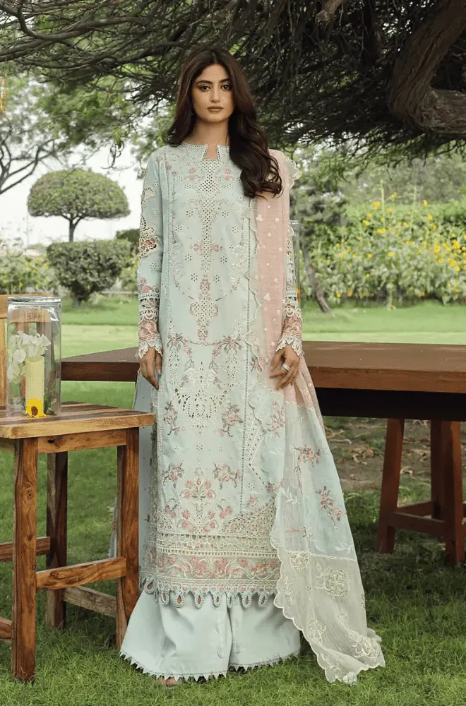 QALAMKAR - 3PC Lawn Chikankari Embroidered Shirt with Monar Embroidered Dupatta and Trouser - BFB0725 - Image 4