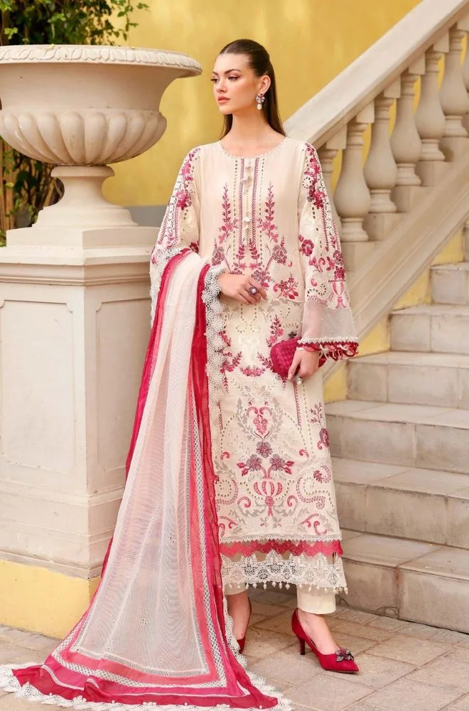 MARIA B - 3PC Lawn Chikankari Embroidered Suit with digital printed silk dupatta and Trouser - BFB0727