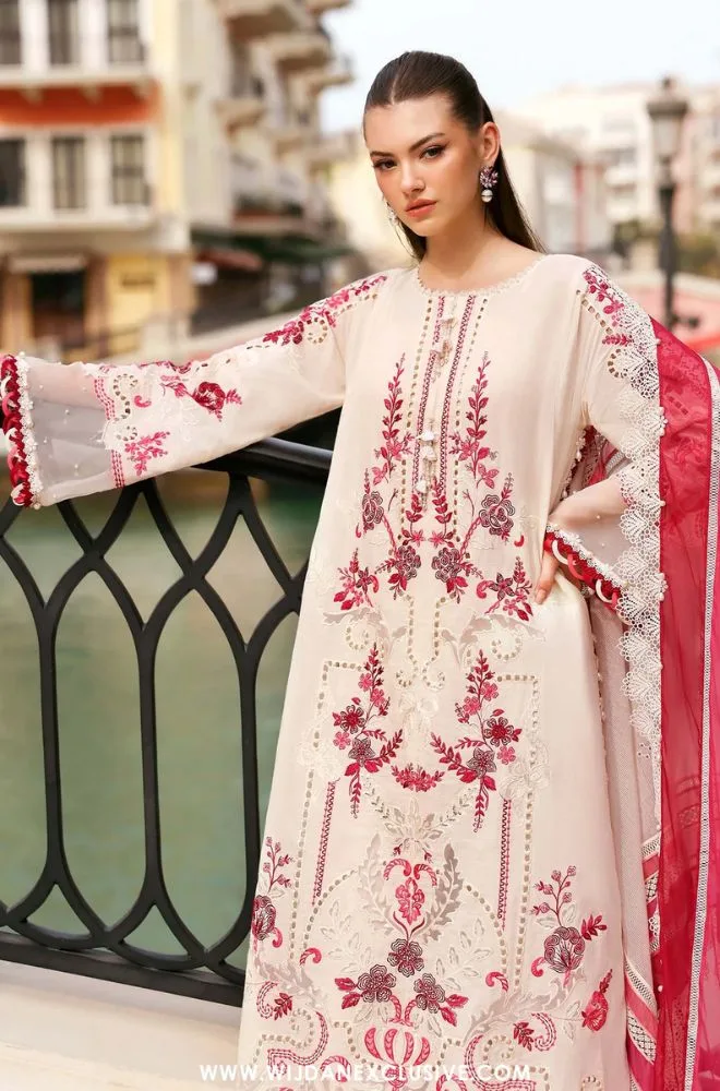 MARIA B - 3PC Lawn Chikankari Embroidered Suit with digital printed silk dupatta and Trouser - BFB0727 - Image 2