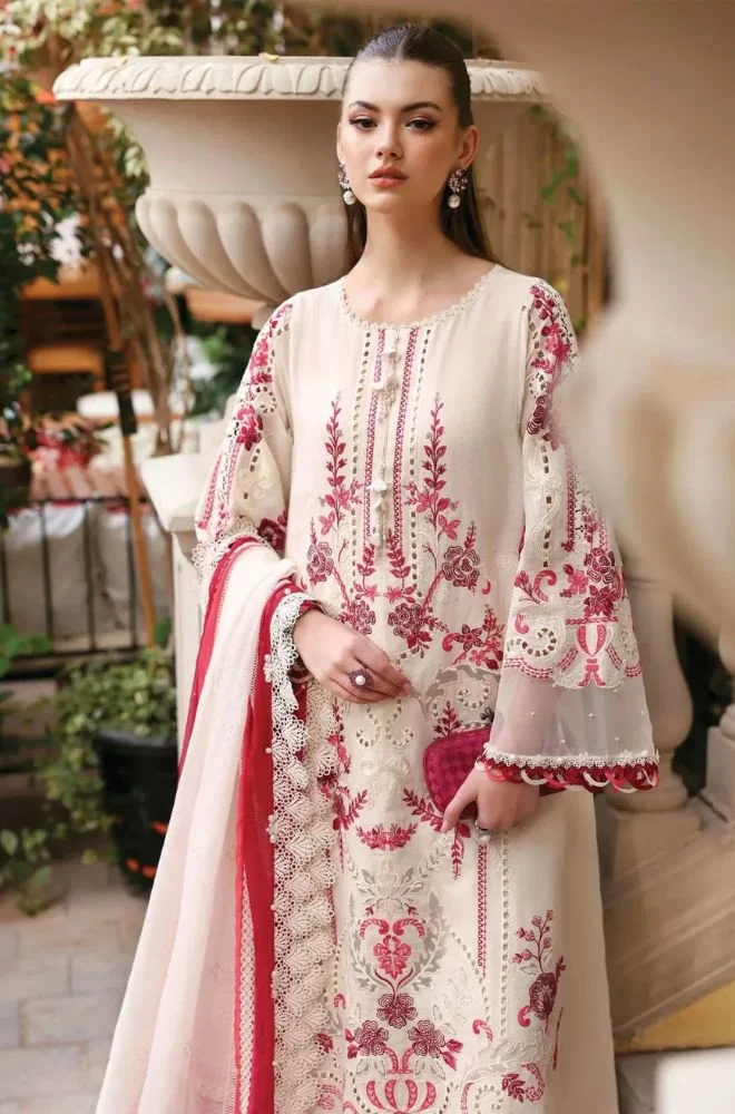 MARIA B - 3PC Lawn Chikankari Embroidered Suit with digital printed silk dupatta and Trouser - BFB0727 - Image 3