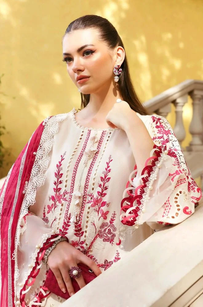 MARIA B - 3PC Lawn Chikankari Embroidered Suit with digital printed silk dupatta and Trouser - BFB0727 - Image 4