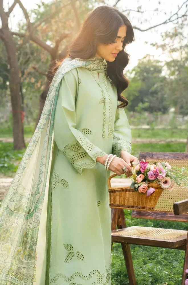 EYELET - 3PC Lawn Chikankari Embroidered Shirt with Monar Printed Dupatta and Trouser - BFB0672 - Image 2