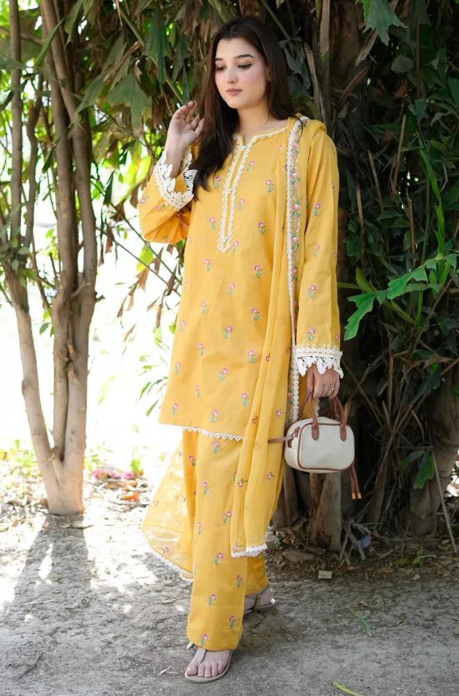 ANEELAS - Stitched 3PC Embroidered Lawn Shirt with Chiffon Embroidered Dupatta and Trouser – RTW057