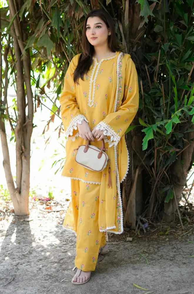 ANEELAS - Stitched 3PC Embroidered Lawn Shirt with Chiffon Embroidered Dupatta and Trouser – RTW057 - Image 5
