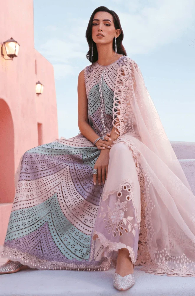 MARIA.B - 3PC Lawn Chikankari Embroidered Shirt with Chiffon Printed Dupatta and Trouser - BFB0733 - Image 4