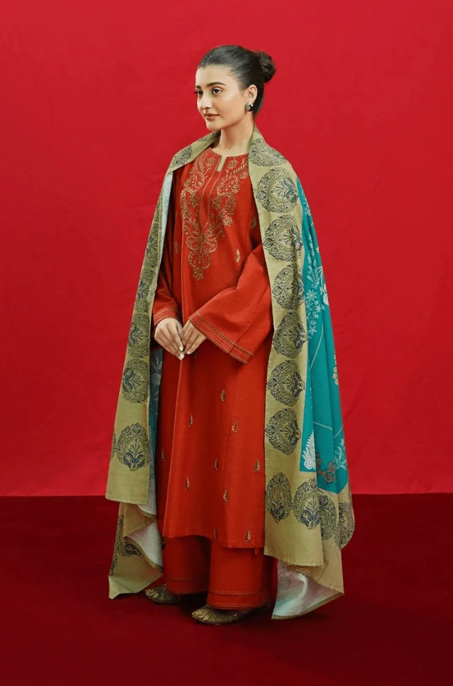 3PC Dhanak Embroidered Shirt with Wool Printed Dupatta and Trouser - BFB0212
