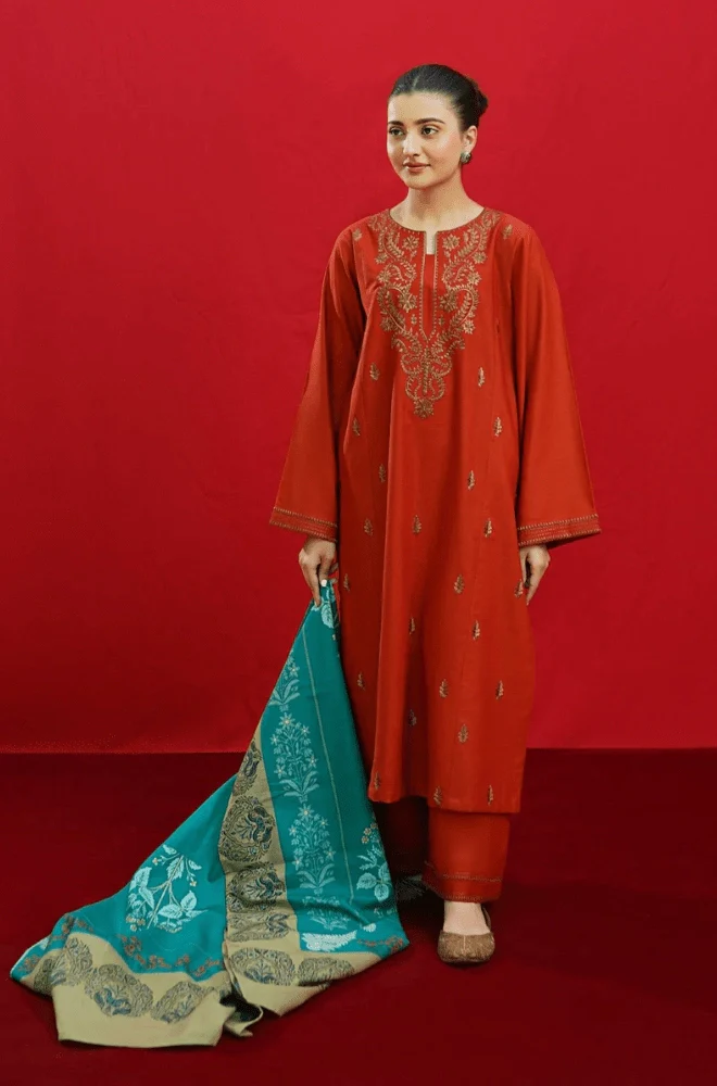 3PC Dhanak Embroidered Shirt with Wool Printed Dupatta and Trouser - BFB0212 - Image 4