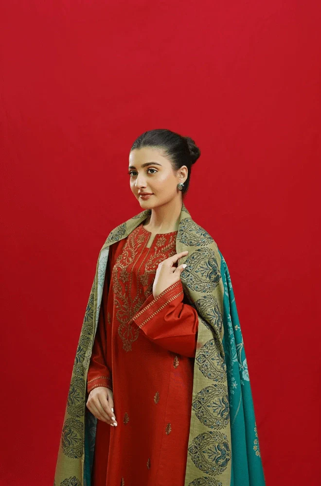3PC Dhanak Embroidered Shirt with Wool Printed Dupatta and Trouser - BFB0212 - Image 5