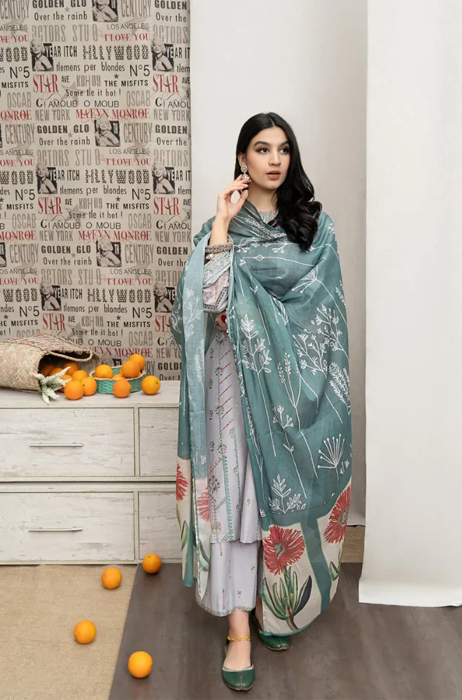 Urge - 3PC Dhanak Embroidered Shirt with Dhanak Printed Dupatta and Trouser - BFB0864