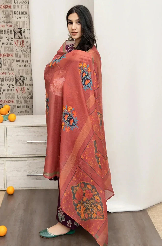 Urge - 3PC Dhanak Embroidered Shirt With Twill Printed Dupatta and Trouser - BFB0913 - Image 3