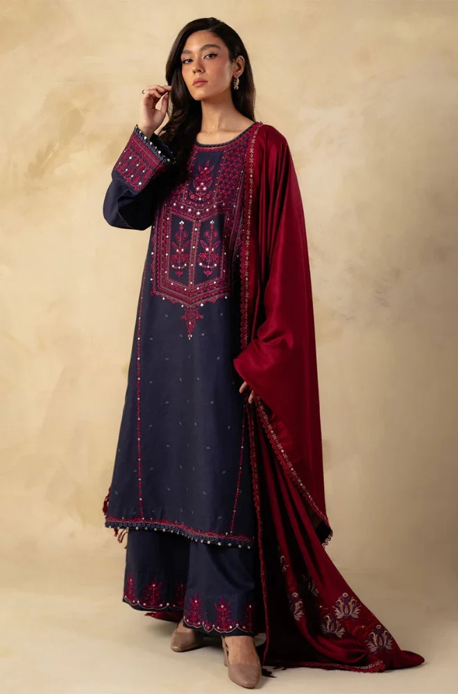 Zara Shahjahan - 3PC Dhanak Embroidered Shirt With Dhanak Embroidered Dupatta and Trouser - BFB0914 - Image 3