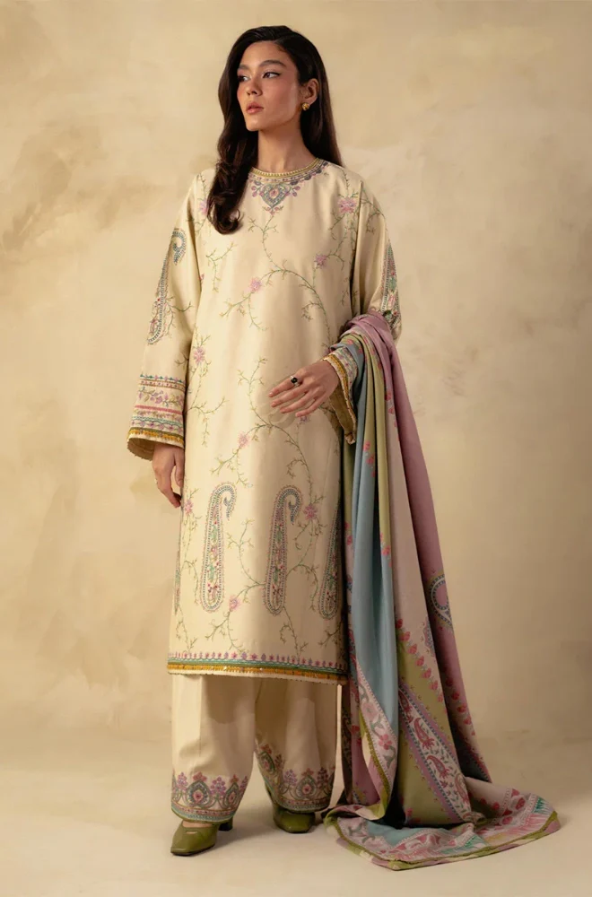 Zara Shahjahan - 3PC Dhanak Embroidered Shirt With Twill Printed Dupatta and Trouser - BFB0915