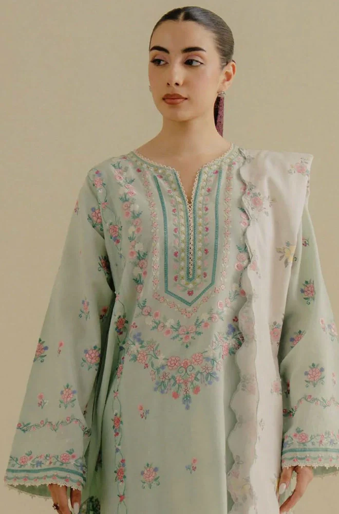 COCO BY ZARA SHAHJAHAN - 3PC Lawn Embroidered Shirt with Chiffon Printed Dupatta and Trouser - BFB0635 - Image 3