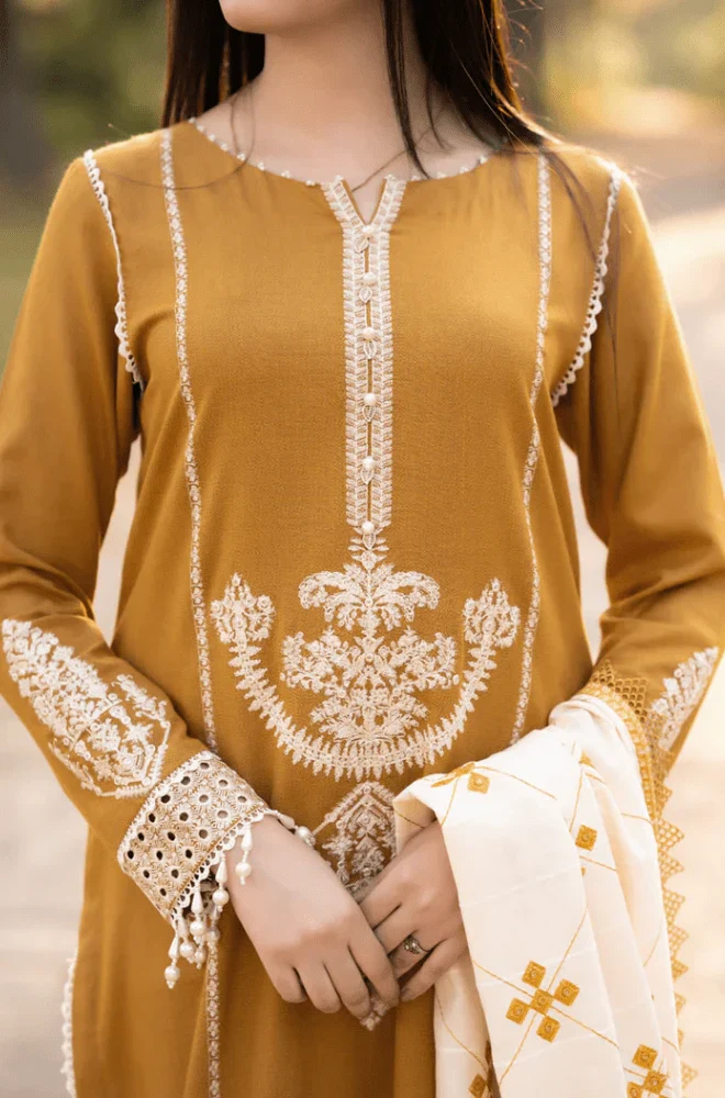 MARIA.B - 3PC Dhanak Embroidered Shirt with Dhanak Embroidered Dupatta and Trouser- BFB0455 - Image 3