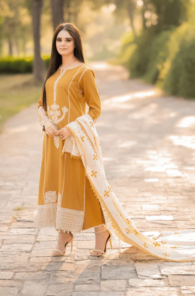 MARIA.B - 3PC Dhanak Embroidered Shirt with Dhanak Embroidered Dupatta and Trouser- BFB0455 - Image 4